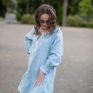Light blue linen dress with white embroidery