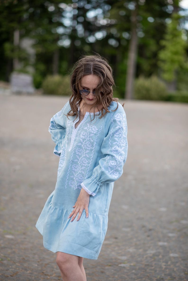 Light blue linen dress with white embroidery