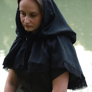 Black linen hooded capelet with lace trim, Victorian cottagecore hood shawl, Modest head covering, Renaissance costume cloak wrap