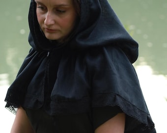 Hooded black chapel shawl in linen look fabric, Modest church head covering, Cottagecore cloak for cosplay, Mourning veil, Halloween veil