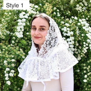 Lace Head Covering with Floral Pattern, Symbolic White Textile Accessory, Decorative Veil for Cultural Styling and Photography