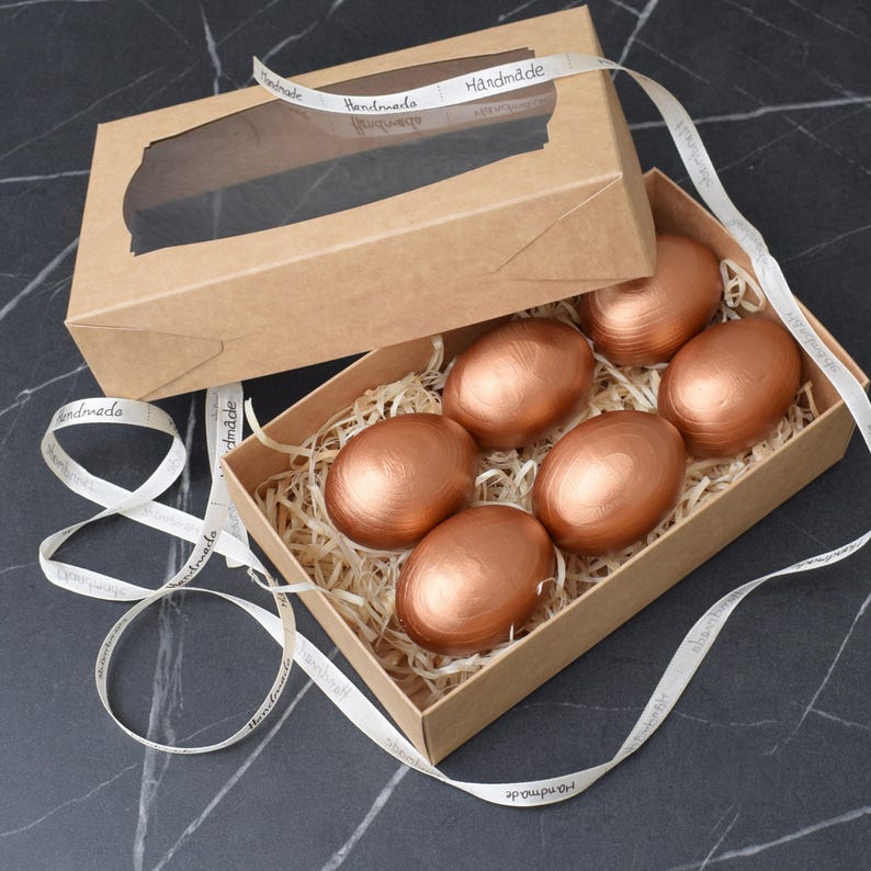 Set of 6 wooden metallic decorative eggs handmade faux Easter eggs, Rustic bowl filler spring home decor, Gift boxed farmhouse centerpiece