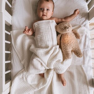 Soft Muslin Baby Blanket for Crib, Bassinet or Stroller, Breathable Lightweight Cotton Swaddle Throw, Neutral White Newborn Shower Gift