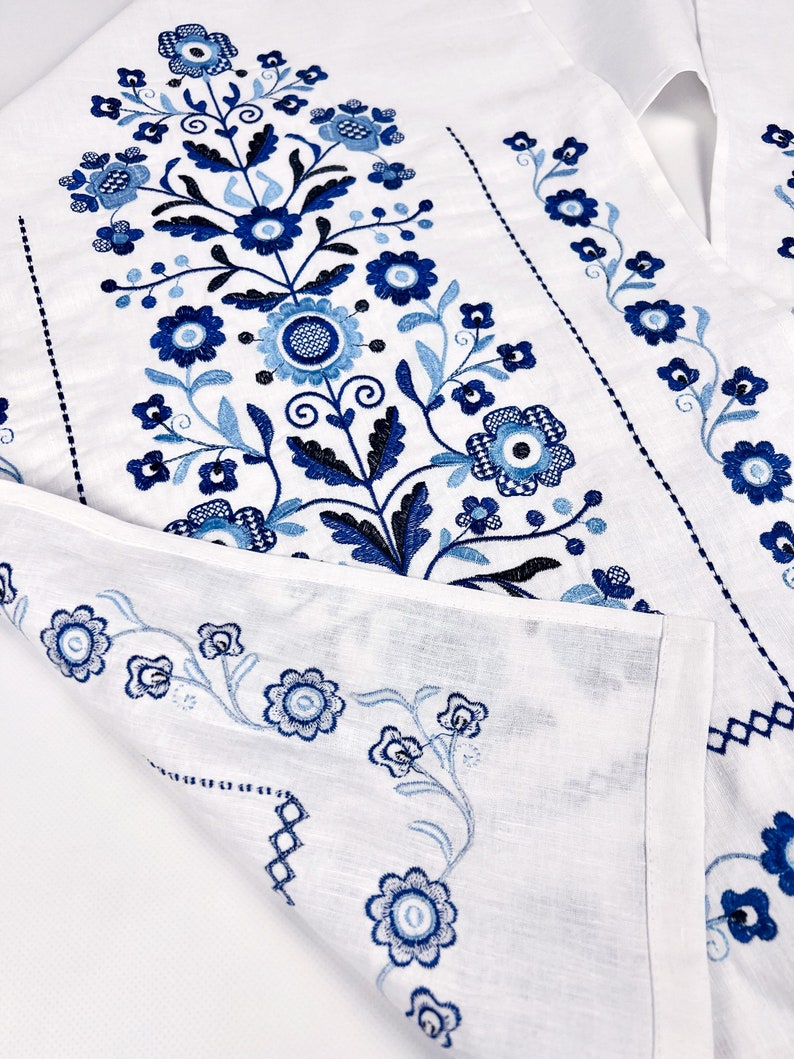 Embroidered blue and white Slavic towel