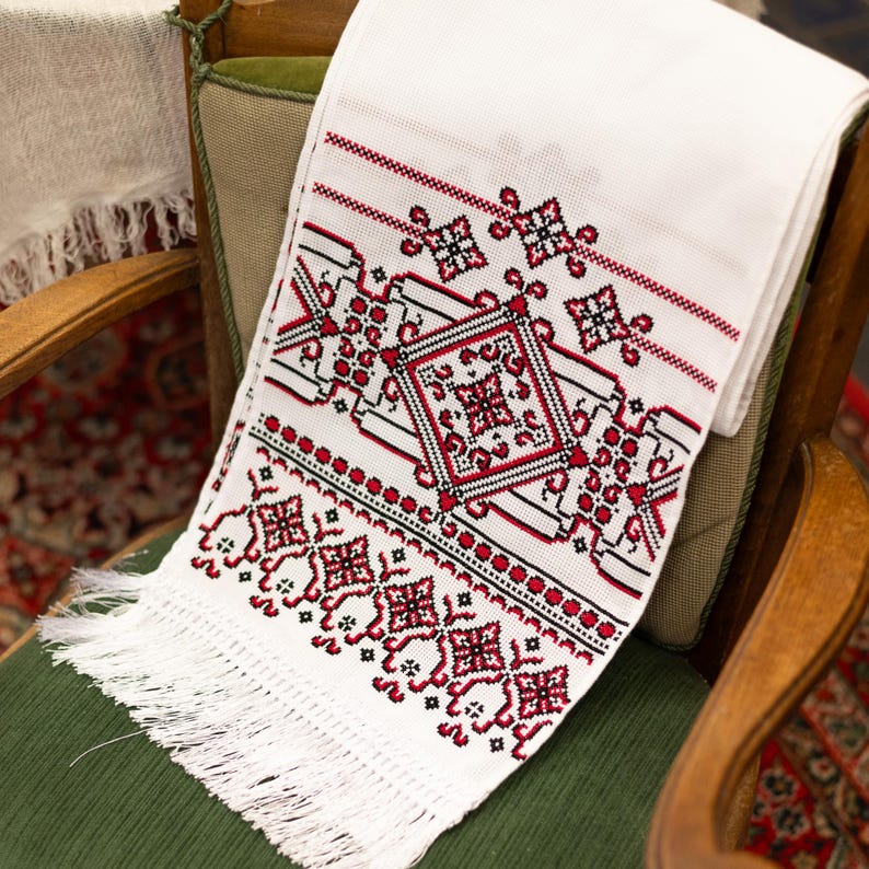Ukrainian Embroidered Rushnyk Towel, Traditional Red Black Cross Stitch рушник, Folk Linen Wedding Ritual Towel Decor