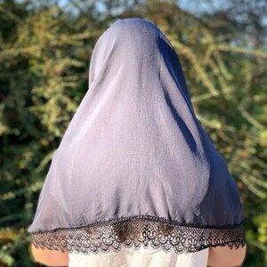 Navy blue catholic veil, Veil with black lace, Chiffon chapel veil for mass, Infinity mantilla, Dark color church veil, Midnight veil image 5