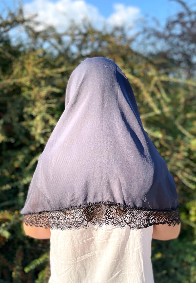 Navy blue catholic veil, Veil with black lace, Chiffon chapel veil for mass, Infinity mantilla, Dark color church veil, Midnight veil image 5