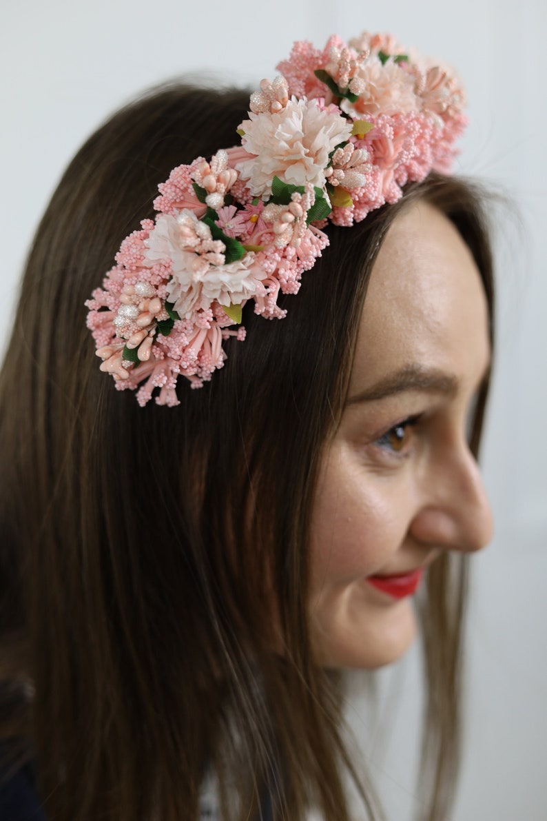 Blush Pink Flower Headband Crown for Women, Handmade Floral Hairpiece with Peonies Berries, Boho Bridal Halo Tiara for Weddings Parties