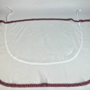 White Linen Hooded Chapel Veil with Ukrainian Red Black Floral Trim, Traditional Mantilla Head Covering with Ties for Church and Prayer