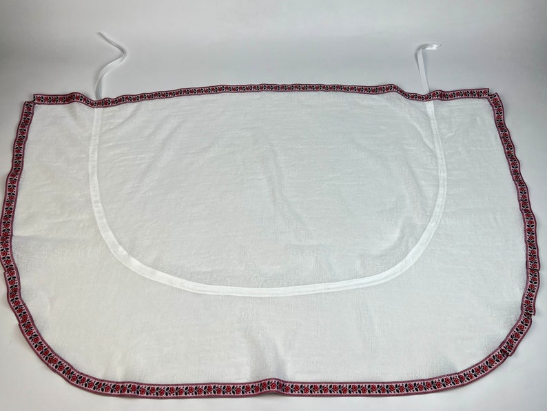 White Linen Hooded Chapel Veil with Ukrainian Red Black Floral Trim, Traditional Mantilla Head Covering with Ties for Church and Prayer