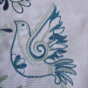 Embroidered towel with folk bird motif, White ukraine hand towel with blue ornament