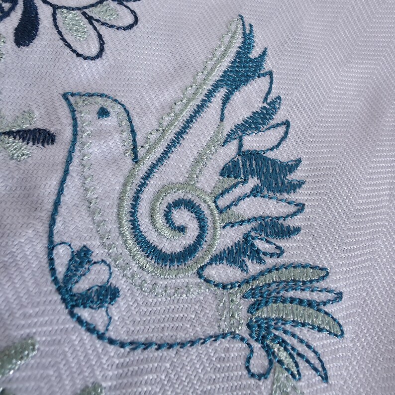 Embroidered towel with folk bird motif, White ukraine hand towel with blue ornament