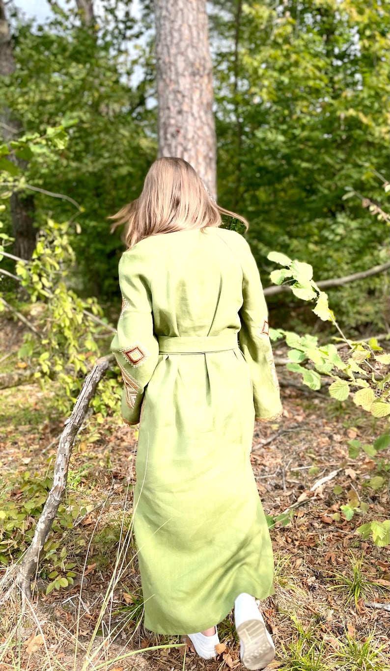 Green Linen Dress with Embroidered Details