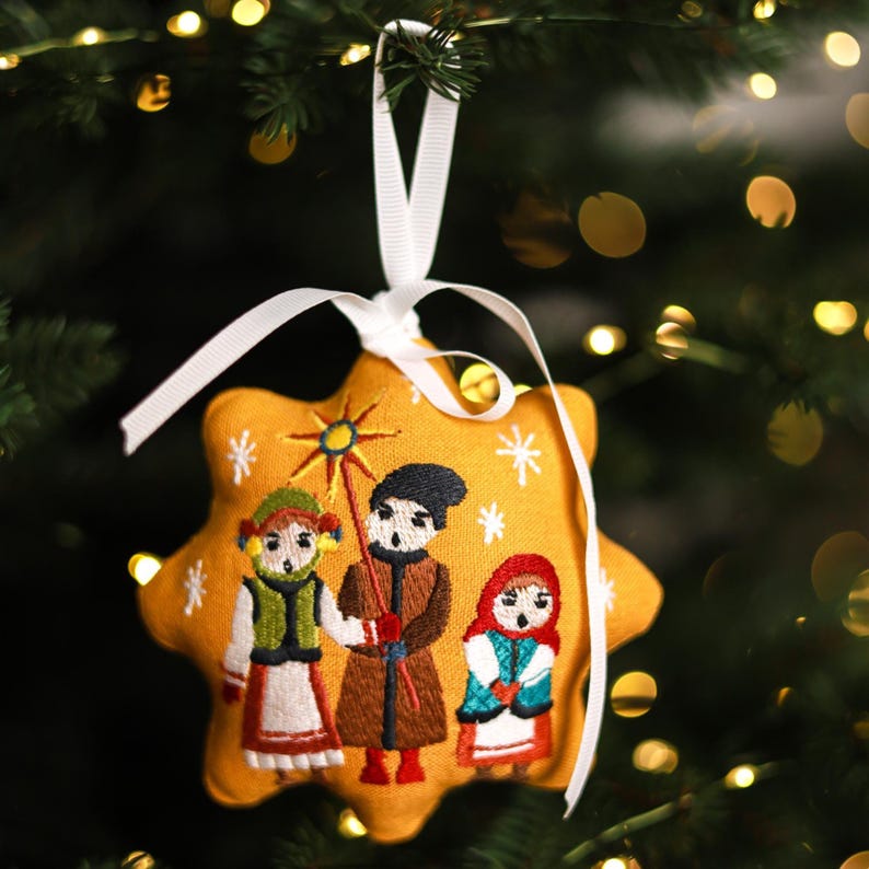 Handmade folk carolers star decoration, Embroidered Christmas ornament, , Traditional holiday tree ornament, Ukrainian style Christmas decor