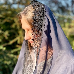 Navy blue catholic veil, Veil with black lace, Chiffon chapel veil for mass, Infinity mantilla, Dark color church veil, Midnight veil image 1