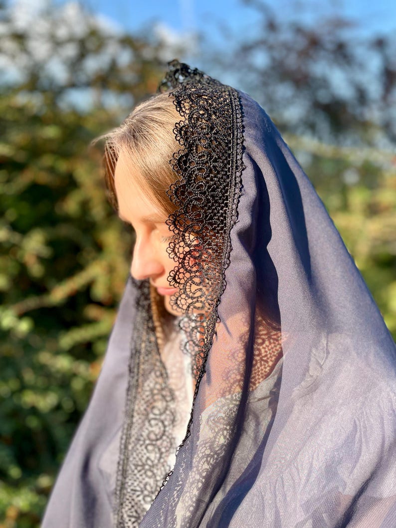 Navy blue catholic veil, Veil with black lace, Chiffon chapel veil for mass, Infinity mantilla, Dark color church veil, Midnight veil image 1