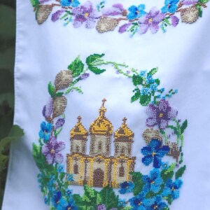 Finished Beaded Easter Towel with Church, Ukrainian Religious Embroidery, Handmade Bead Embroidery Cloth, Christian Easter Decor