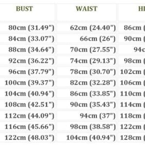 May include: A size chart for clothing with international standard sizes, UK sizes, bust, waist, hip, back width, and Russian sizes. The chart shows measurements in both inches and centimetres.