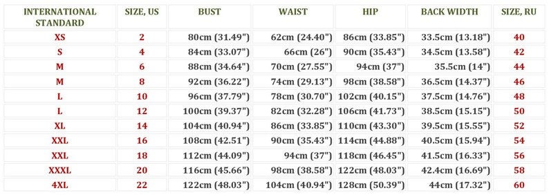 May include: A size chart for clothing with international standard sizes, UK sizes, bust, waist, hip, back width, and Russian sizes. The chart shows measurements in both inches and centimetres.