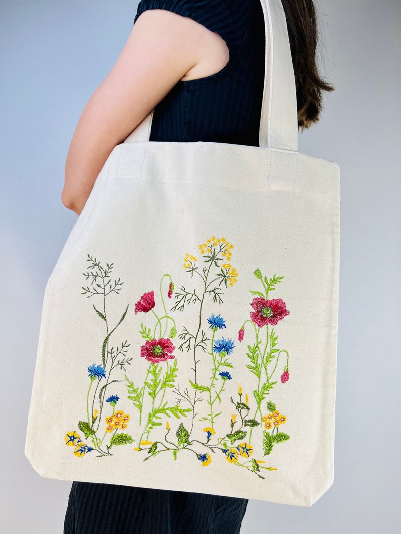 Embroidered Canvas Tote Bag with Wildflower Design
