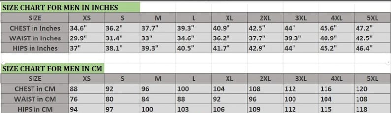 May include: A size chart for men, displaying measurements in inches and centimeters. The chart includes chest, waist, and hip measurements for sizes XS to 5XL. The inch measurements range from 34.6" to 47.2" for chest, 29.9" to 42.5" for waist, and 37" to 46.4" for hips.