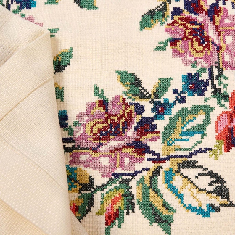Vintage Style Floral Napkin with Printed Cross Stitch Pattern