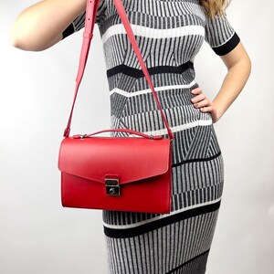Red Leather Top Handle Bag with Silver Lock Elegant Structured Handbag for Women Classic Shoulder or Clutch Purse Gift