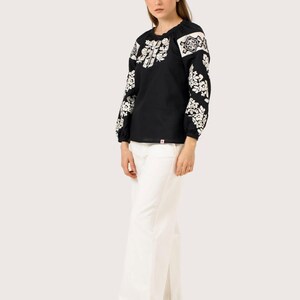 Black embroidered vyshyvanka blouse for women, White floral Ukrainian embroidery, Boho linen shirt, Traditional folk style top