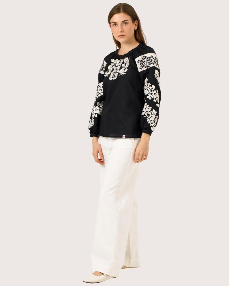 Black embroidered vyshyvanka blouse for women, White floral Ukrainian embroidery, Boho linen shirt, Traditional folk style top