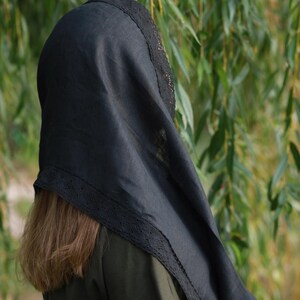 Mantilla church veil black head scarf with lace trim for women, Traditional orthodox catholic prayer shawl for worship and modest wear