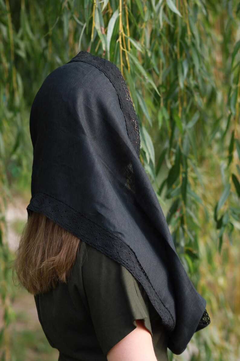 Mantilla church veil black head scarf with lace trim for women, Traditional orthodox catholic prayer shawl for worship and modest wear