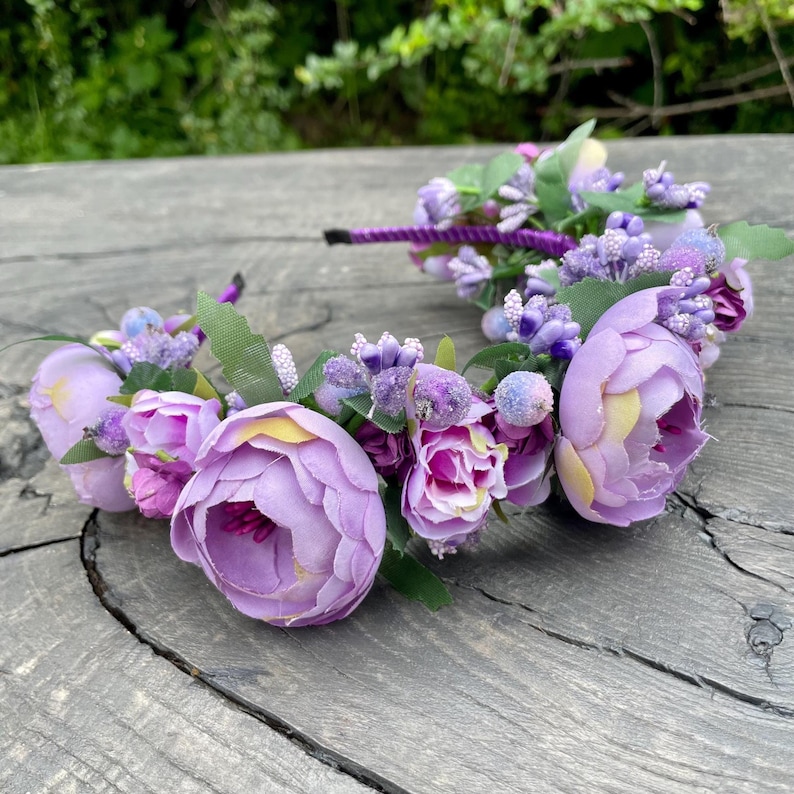 Purple Floral Crown Headband for Women, Lavender Flower Halo, Fairy Garden Hair Accessory, Boho Festival Flower Headpiece