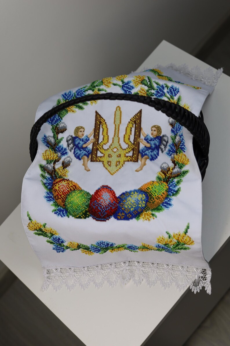 Ukrainian beaded Easter basket cover with trident & angels