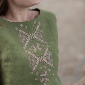 Green linen sleeveless top with embroidery