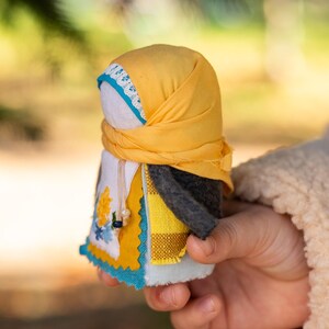 Handmade Slavic Motanka Rag Doll with Yellow Scarf, Faceless Ukrainian Folk Amulet with Embroidered Apron, Mini Talisman Gift