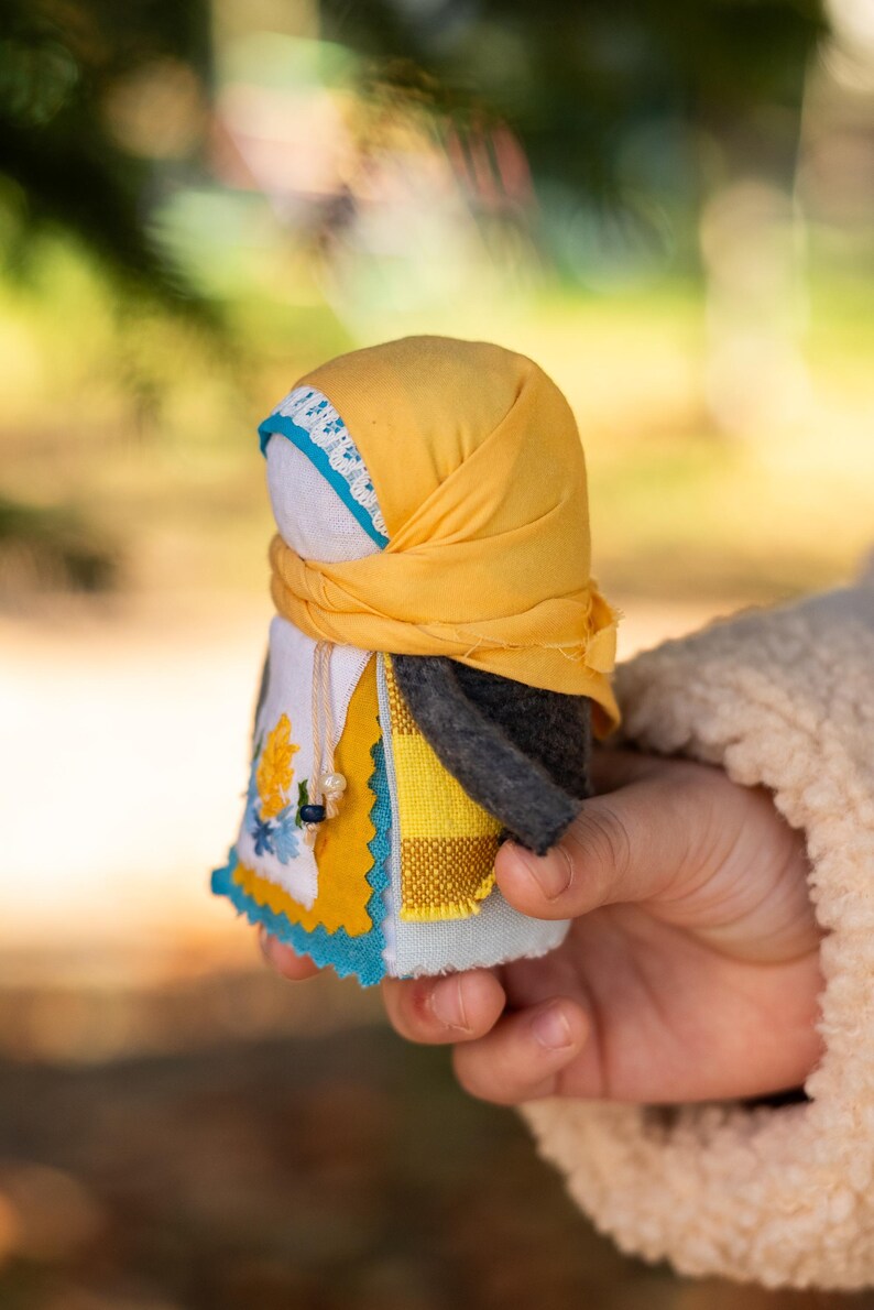 Handmade Slavic Motanka Rag Doll with Yellow Scarf, Faceless Ukrainian Folk Amulet with Embroidered Apron, Mini Talisman Gift