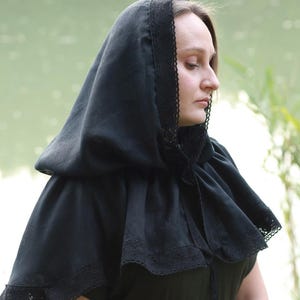 Black linen hooded capelet with lace trim, Victorian cottagecore hood shawl, Modest head covering, Renaissance costume cloak wrap