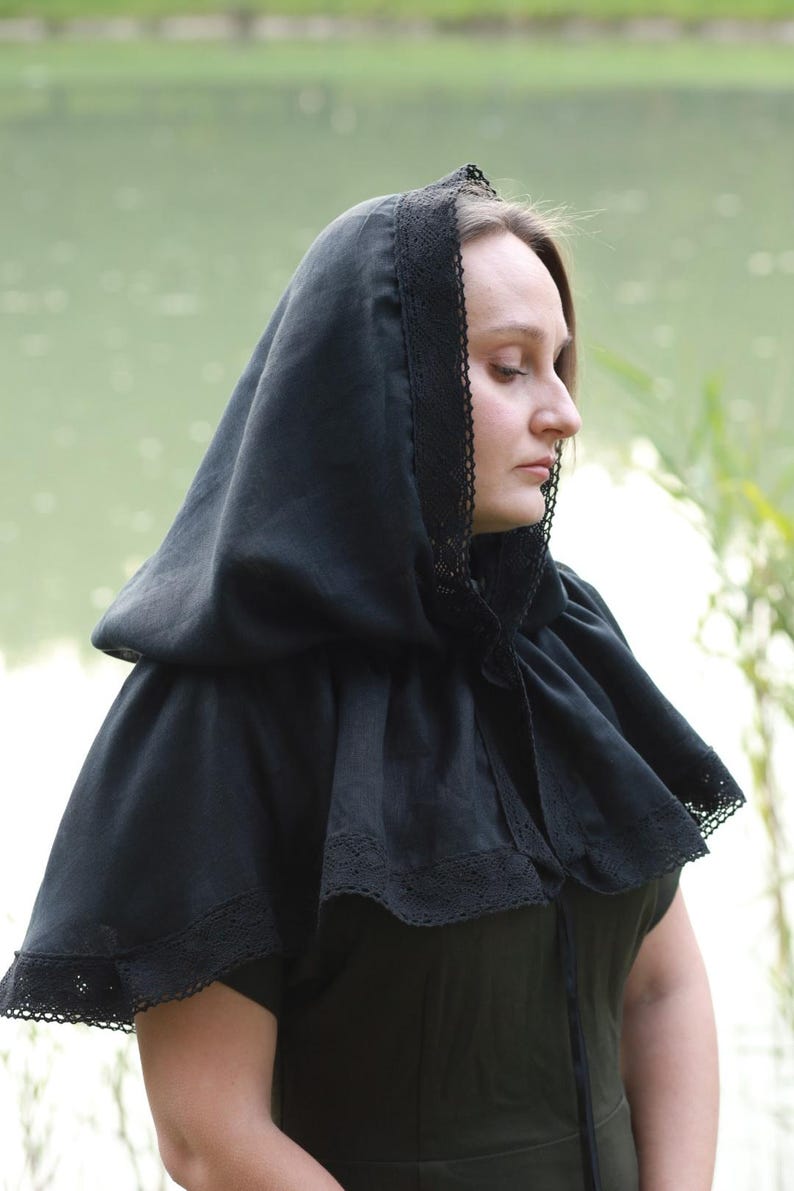 Black linen hooded capelet with lace trim, Victorian cottagecore hood shawl, Modest head covering, Renaissance costume cloak wrap