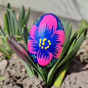 Hand Painted Easter Egg Blue Pink Floral Ukrainian Style Spring Decor Colorful Wooden Ornament for Basket Display and Table Centerpiece