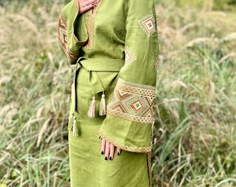 Green embroidered linen Vyshyvanka dress for women, Traditional Ukrainian folk dress with tassels and belt, Long sleeve cultural outfit