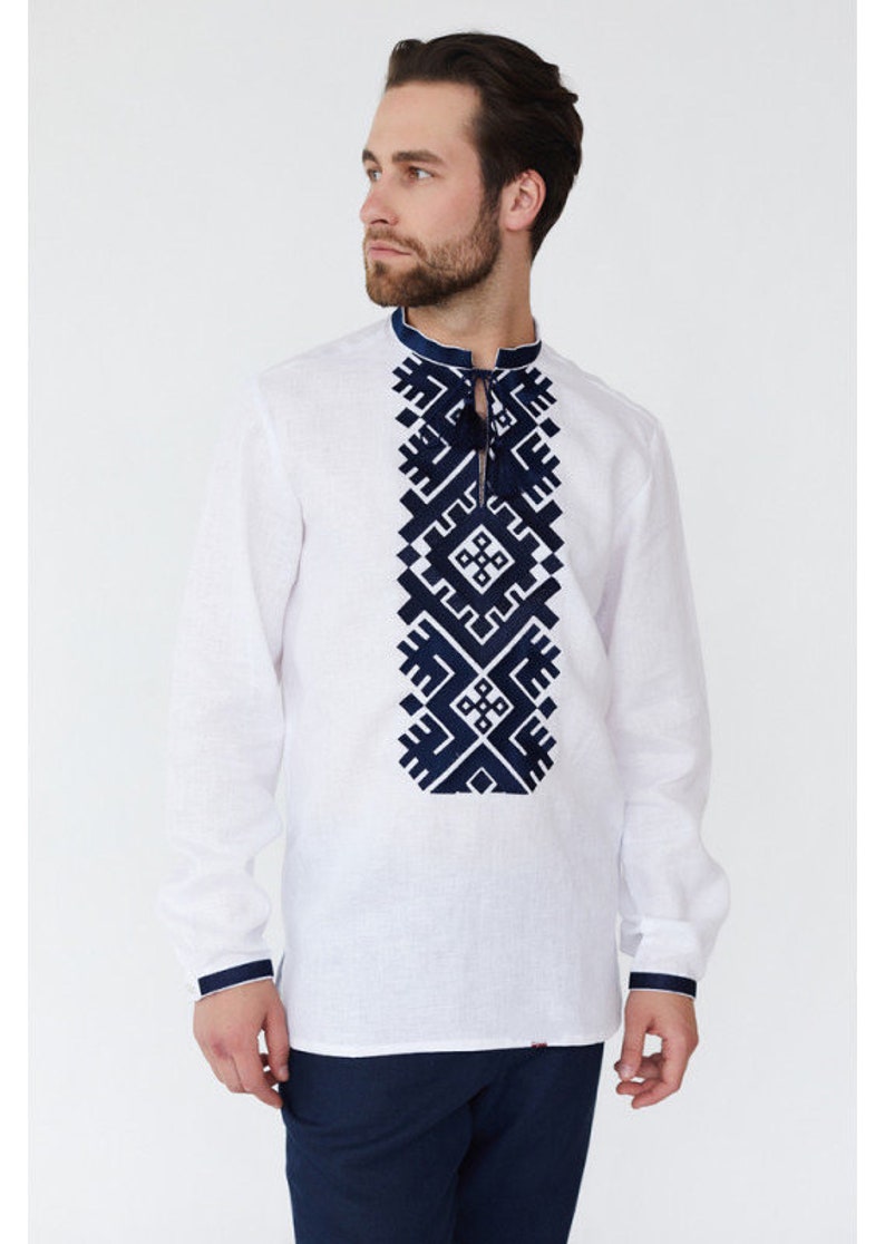 White linen Vishyvanka with blue embroidery, Traditional Ukrainian shirt for men, Hutsul ethnic pattern, Husband present, Ukrainian Gift image 3