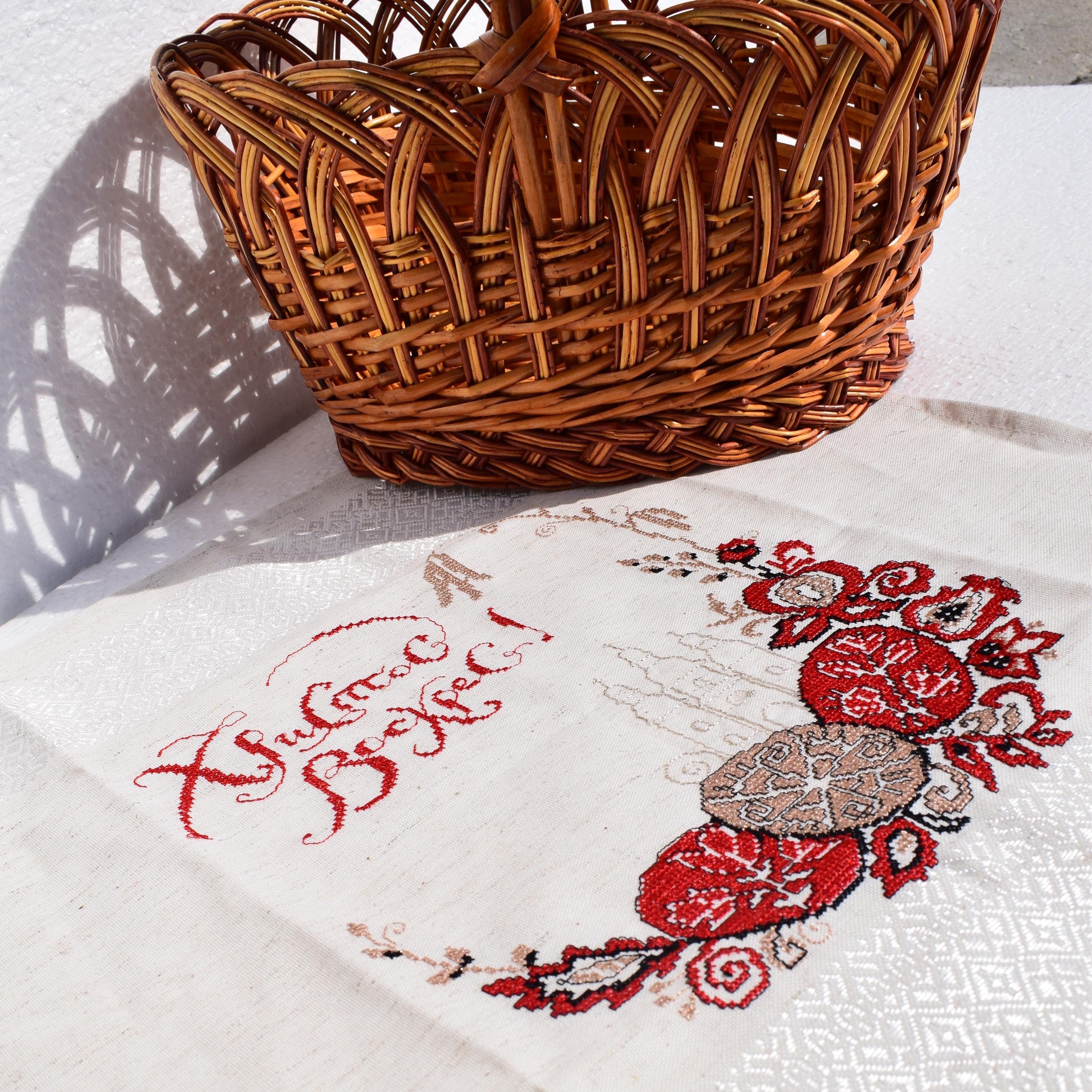 Ukrainian Embroidered Easter Basket Cover, Handcrafted Linen Pascha Towel with Pysanky Design, Orthodox Church Blessing Cloth