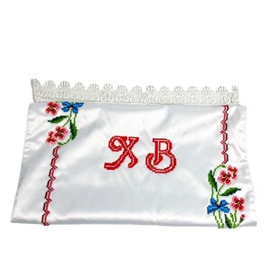 Beaded Satin Easter Basket Cover with Floral Embroidery and Red Pysanka Design, Handcrafted Christian Holiday Decor with Cyrillic Letters