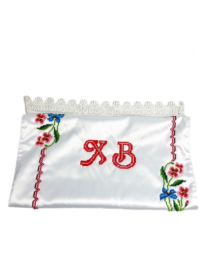 Beaded Satin Easter Basket Cover with Floral Embroidery and Red Pysanka Design, Handcrafted Christian Holiday Decor with Cyrillic Letters