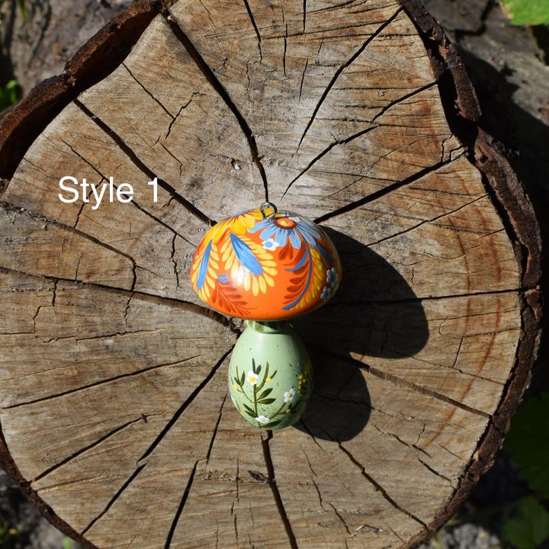 hand painted wooden mushroom ornament, Folk floral woodland decor, Hanging decorations, Gift boxes cottagecore forest accents