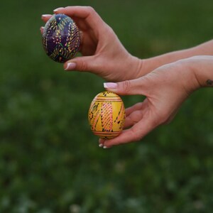 K&ouml;nnte beinhalten: Zwei bemalte Ostereier, eines lila mit goldenen und gr&uuml;nen Mustern und eines gelbes mit rosa und schwarzen Mustern, werden in den H&auml;nden einer Person gehalten.