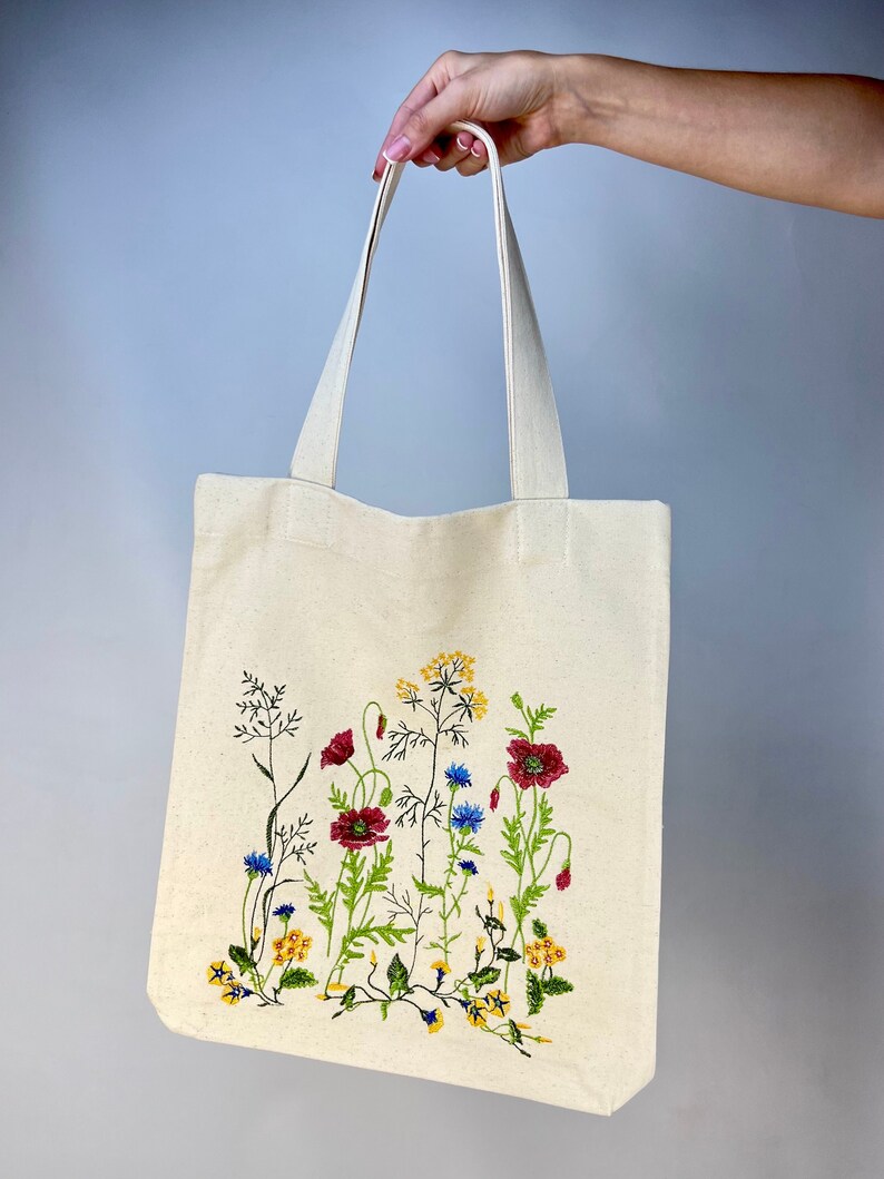 Embroidered Canvas Tote Bag with Wildflower Design