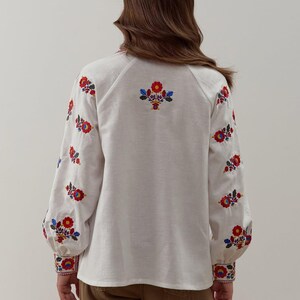 Embroidered Ukrainian linen blouse for women with red tie collar and floral sleeves, Yavoriv folk motifs, Peasant shirt