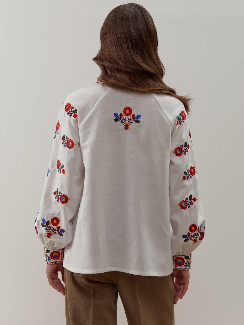 Embroidered Ukrainian linen blouse for women with red tie collar and floral sleeves, Yavoriv folk motifs, Peasant shirt