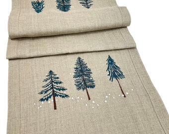Embroidered winter table runner, Christmas table runner with pine tree in snow, Holiday beige table runner, Candle embroidered runner